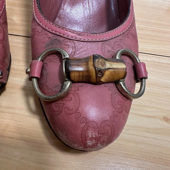 GUCCI Pump Leather HORSEBIT BAMBOO Gold HW Round Toe Sz 6.5 Pink Rose - Picture 5 of 10